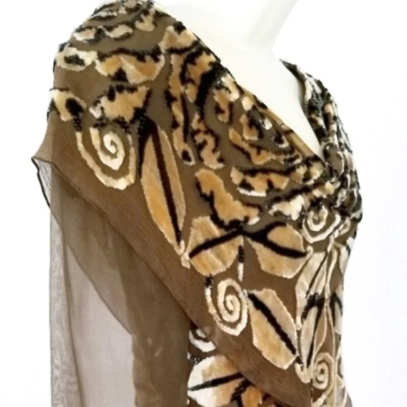 Marian Clayden Neiman Marcus Dress Cut Silk & Velvet Burnout Maxi Tan Size M - Picture 4 of 17